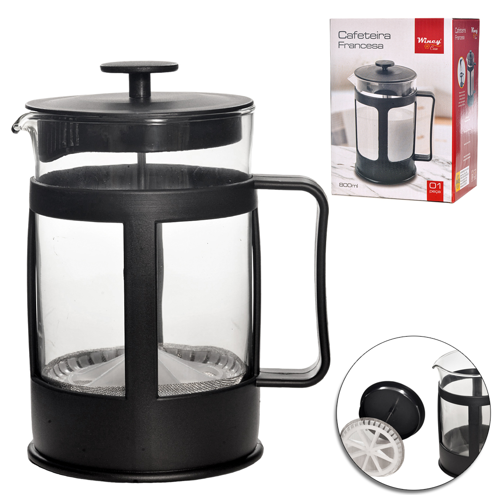 CAFETEIRA FRANCESA / CHALEIRA DE VIDRO 800ML COM TAMPA E BASE DE PLASTICO PRETO