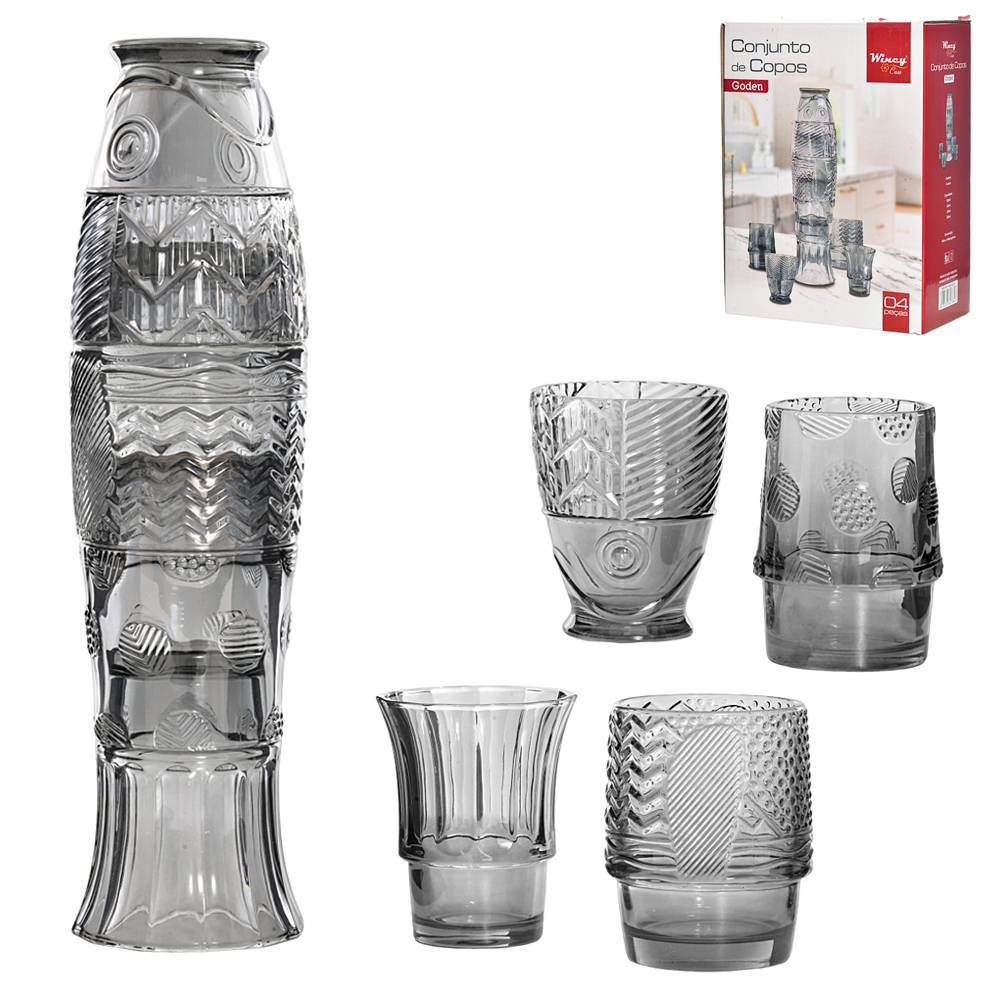 JOGO DE COPO DE VIDRO EMPILHAVEL GOLDEN PEIXE FUME COM 4 PECAS 310/260/220/200ML
