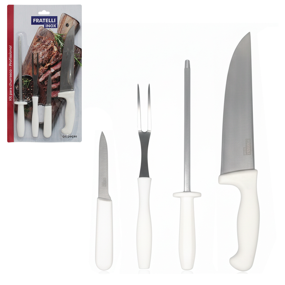 CONJUNTO DE FACA DE CHURRASCO + CHAIRA E GARFO DE INOX CABO PLASTICO BRANCO 4 PECAS