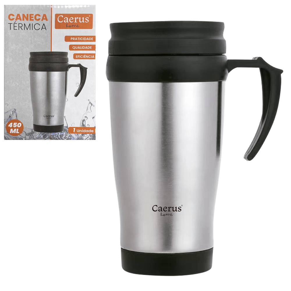 CANECA DE PLASTICO REVESTIDO DE INOX COM TAMPA 450ML