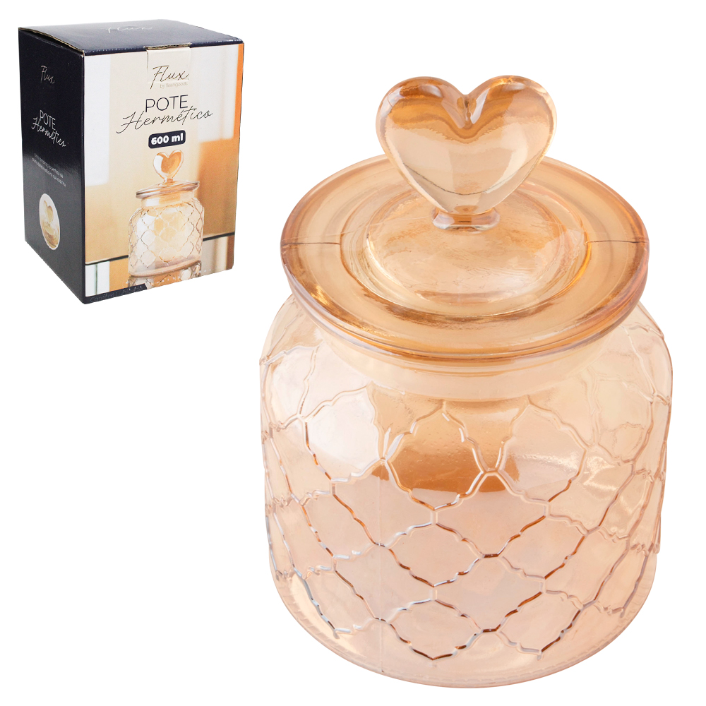 POTE DE VIDRO REDONDO COM TAMPA HERMETICA CORACAO DE VIDRO AMBAR FLUX 600ML