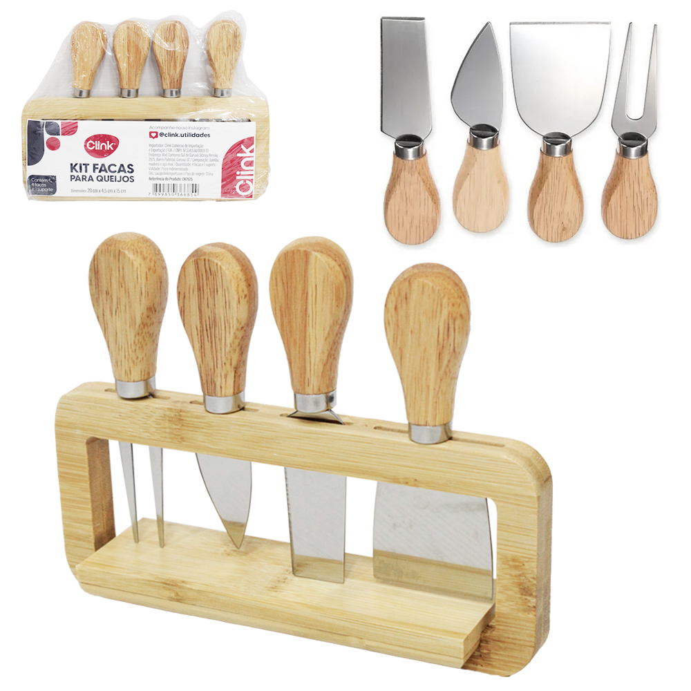 CONJUNTO PARA QUEIJO E FRIOS COM ESPATULA + GARFO + 2 FACAS DE INOX  E SUPORTE DE BAMBU