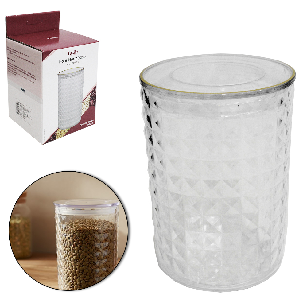 POTE DE ACRILICO REDONDO COM TAMPA HERMETICA + BORDA DOURADA FACILE 900ML 14,5X10,5CM DE Ø