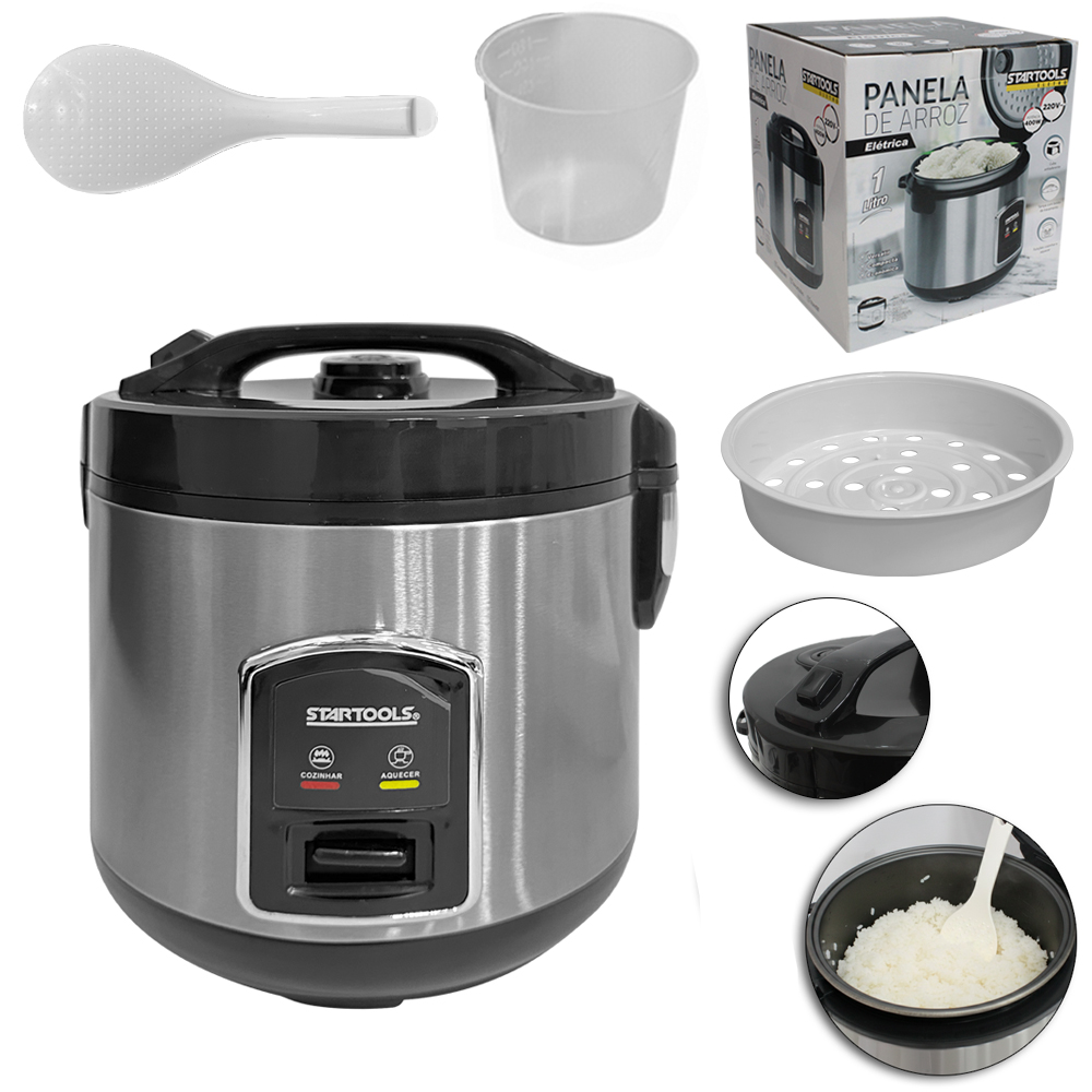 PANELA DE ARROZ ELETRICA 220V 400W 1L COM COPO MEDIDOR / DOSADOR + COLHER E GRADE PARA COZIMENTO A VAPOR