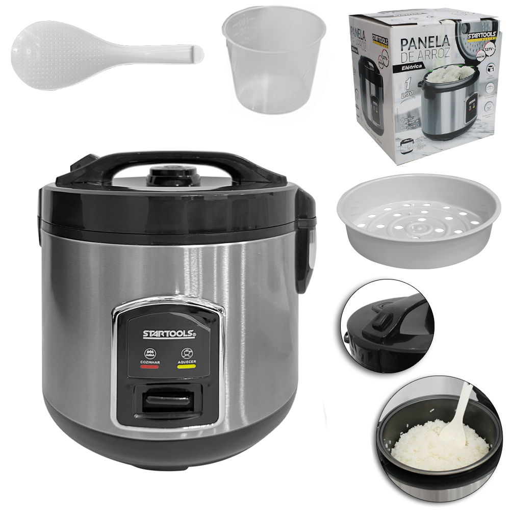 PANELA DE ARROZ ELETRICA 127V 400W 1L COM COPO MEDIDOR / DOSADOR + COLHER E GRADE PARA COZIMENTO A VAPOR