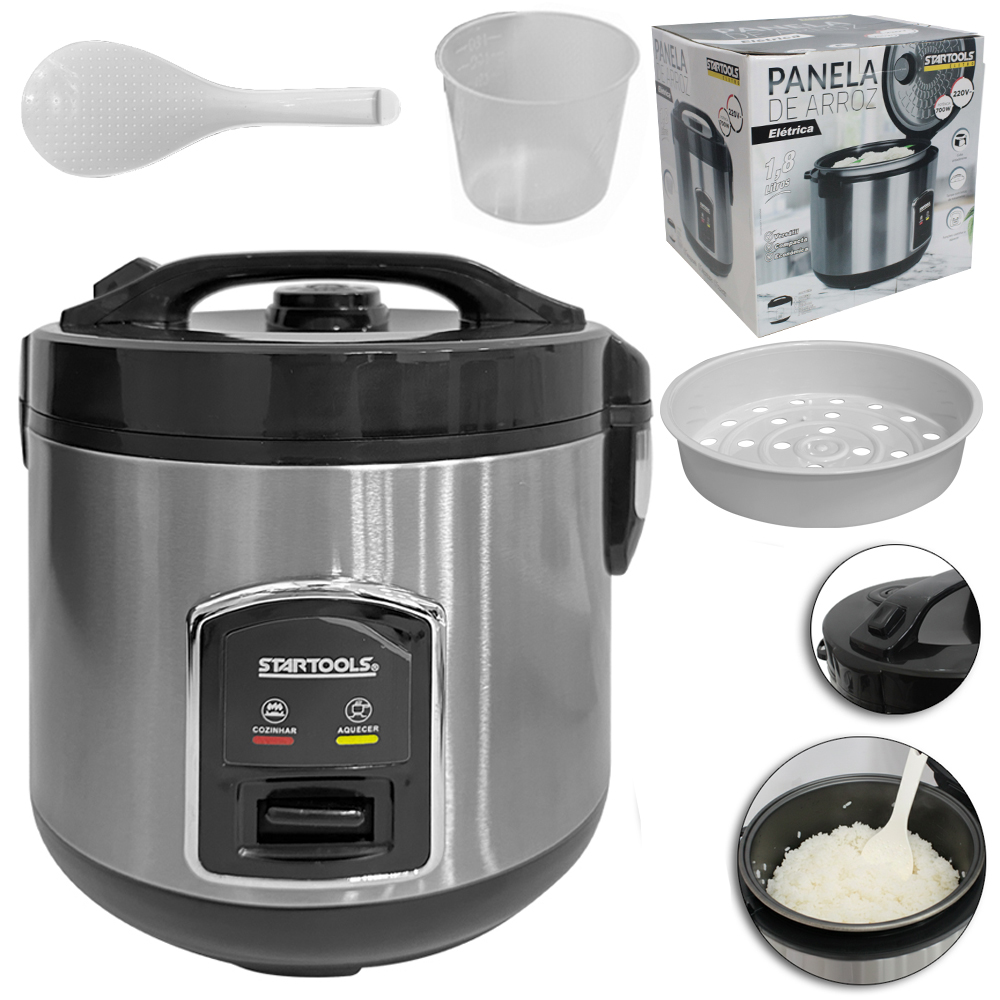 PANELA DE ARROZ ELETRICA 220V 700W 1,8L COM COPO MEDIDOR / DOSADOR + COLHER E GRADE PARA COZIMENTO A VAPOR