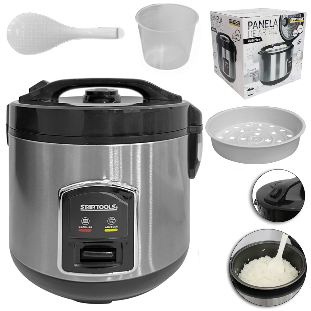 PANELA DE ARROZ ELETRICA 127V 700W 1,8L COM COPO MEDIDOR / DOSADOR + COLHER E GRADE PARA COZIMENTO A VAPOR