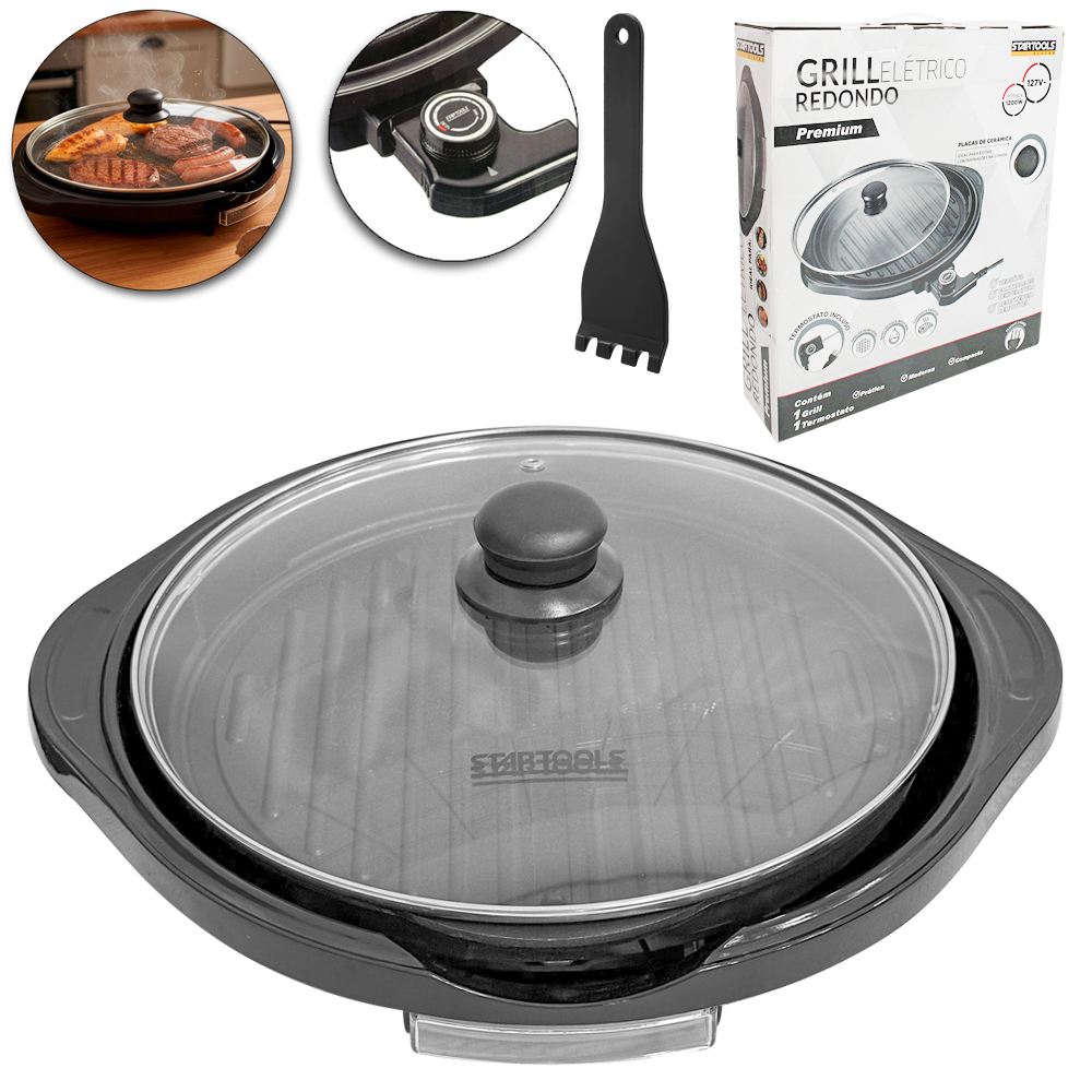 GRILL ELETRICO REDONDO PREMIUM 127V 1200W COM TERMOSTATO + TAMPA DE VIDRO E ESPATULA