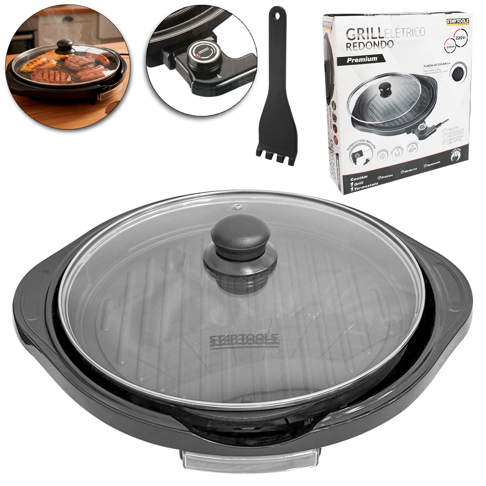 GRILL ELETRICO REDONDO PREMIUM 220V 1200W COM TERMOSTATO + TAMPA DE VIDRO E ESPATULA