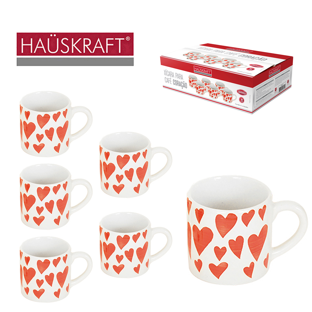 JOGO DE XICARA DE PORCELANA PARA CAFE CORACAO HAUSKRAFT COM 6 PECAS 90ML