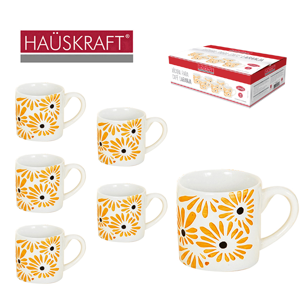 JOGO DE XICARA DE PORCELANA PARA CAFE LARANJA HAUSKRAFT COM 6 PECAS 90ML