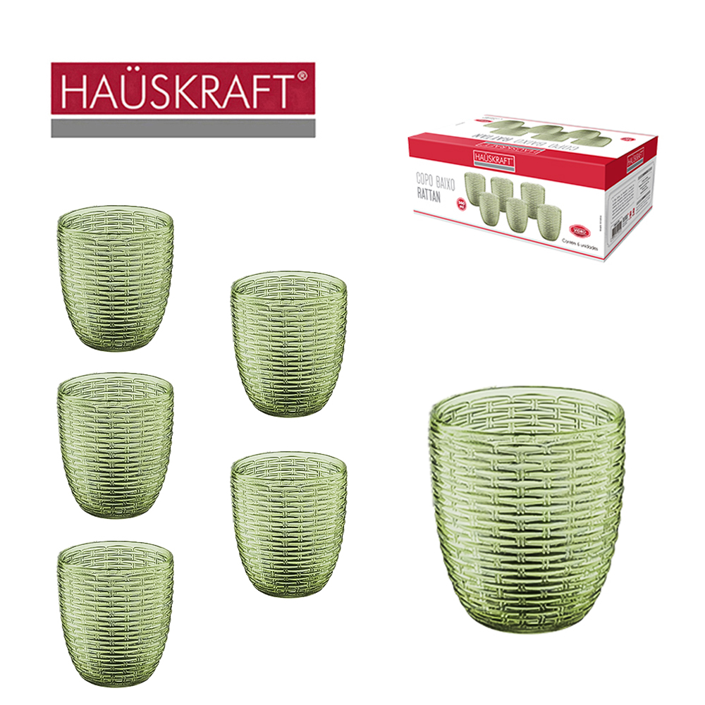 JOGO DE COPO DE VIDRO WHISKY BAIXO RATTAN VERDE HAUSKRAFT COM 6 PECAS 360ML