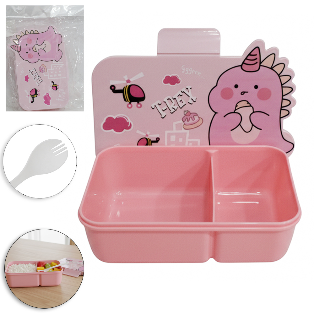 MARMITA DE PLASTICO DINOSSAURO COM 2 DIVISORIAS + COLHER GARFO ROSA 18X11X5,5CM