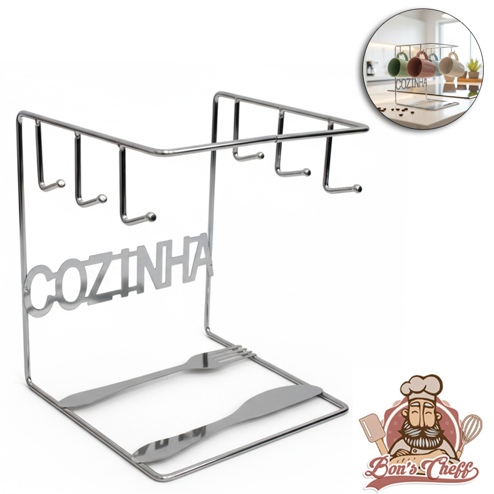 SUPORTE PRATELEIRA ORGANIZADOR ARAMADO COZINHA PARA 6 XICARAS / PIRES 18,5X15X14CM BONS CHEFF