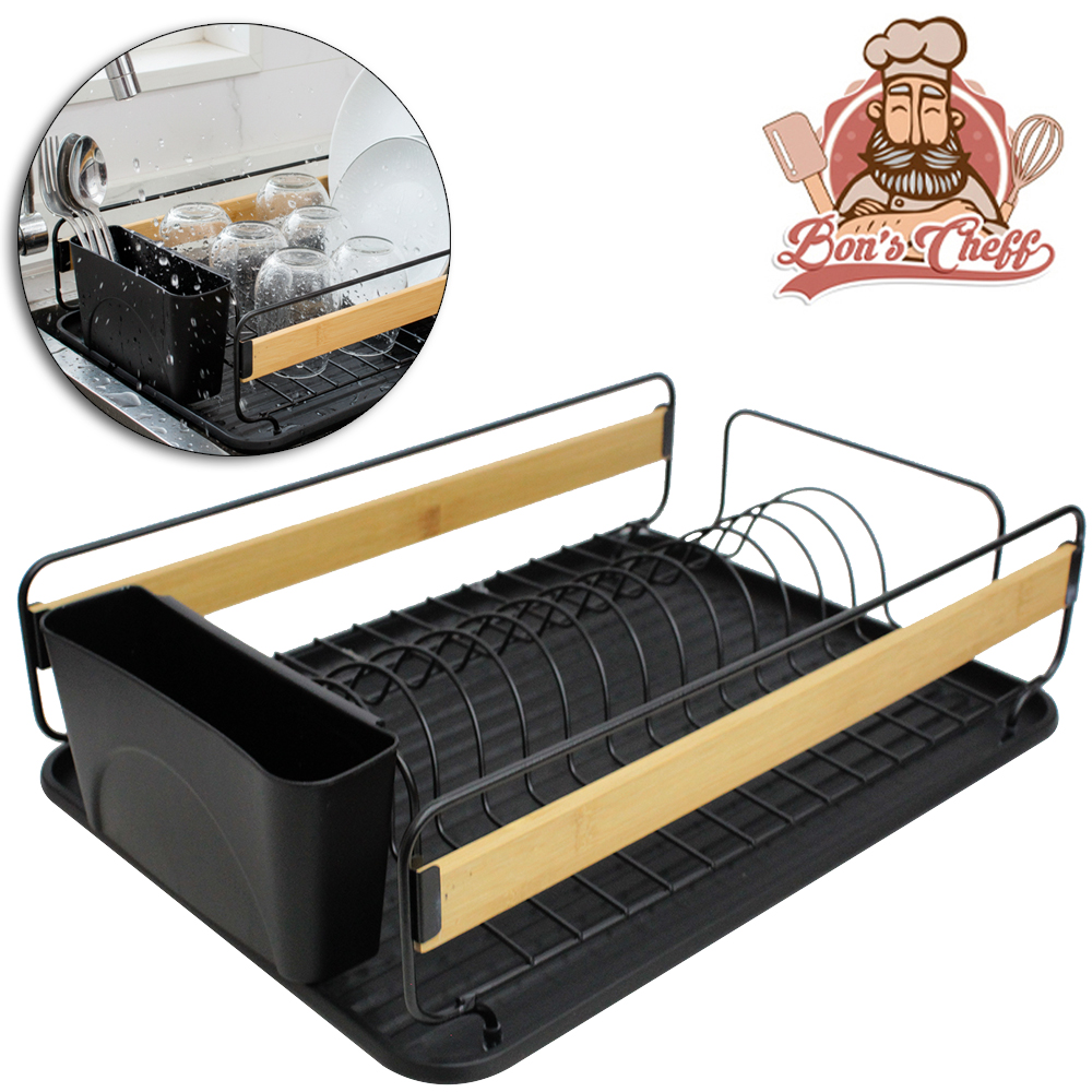 ESCORREDOR SECADOR DE PRATOS / COPOS ARAMADO COM BANDEJA + PORTA TALHER DE PLASTICO BLACK 42X31,5X13CM BONS CHEFF