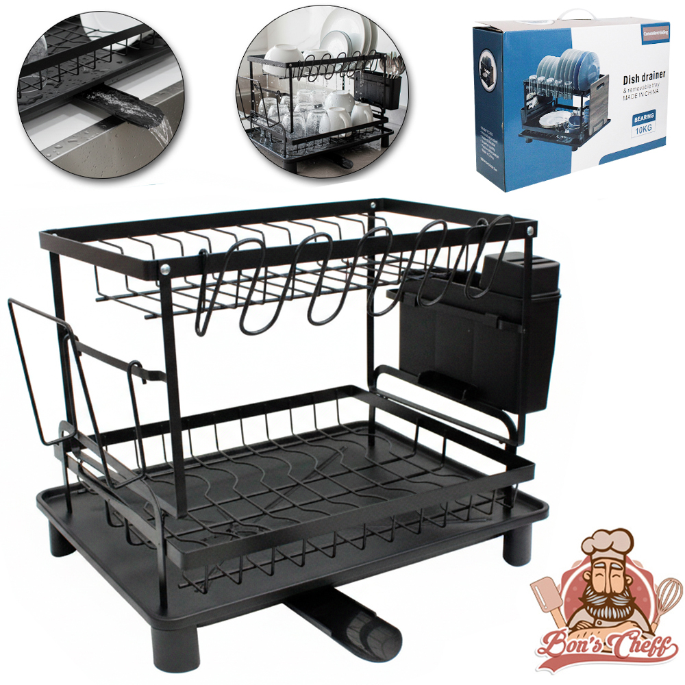 ESCORREDOR SECADOR DE PRATOS 2 ANDARES ARAMADO COM BANDEJA + PORTA TALHER E DRENO BLACK 41X34,5X30CM BONS CHEFF