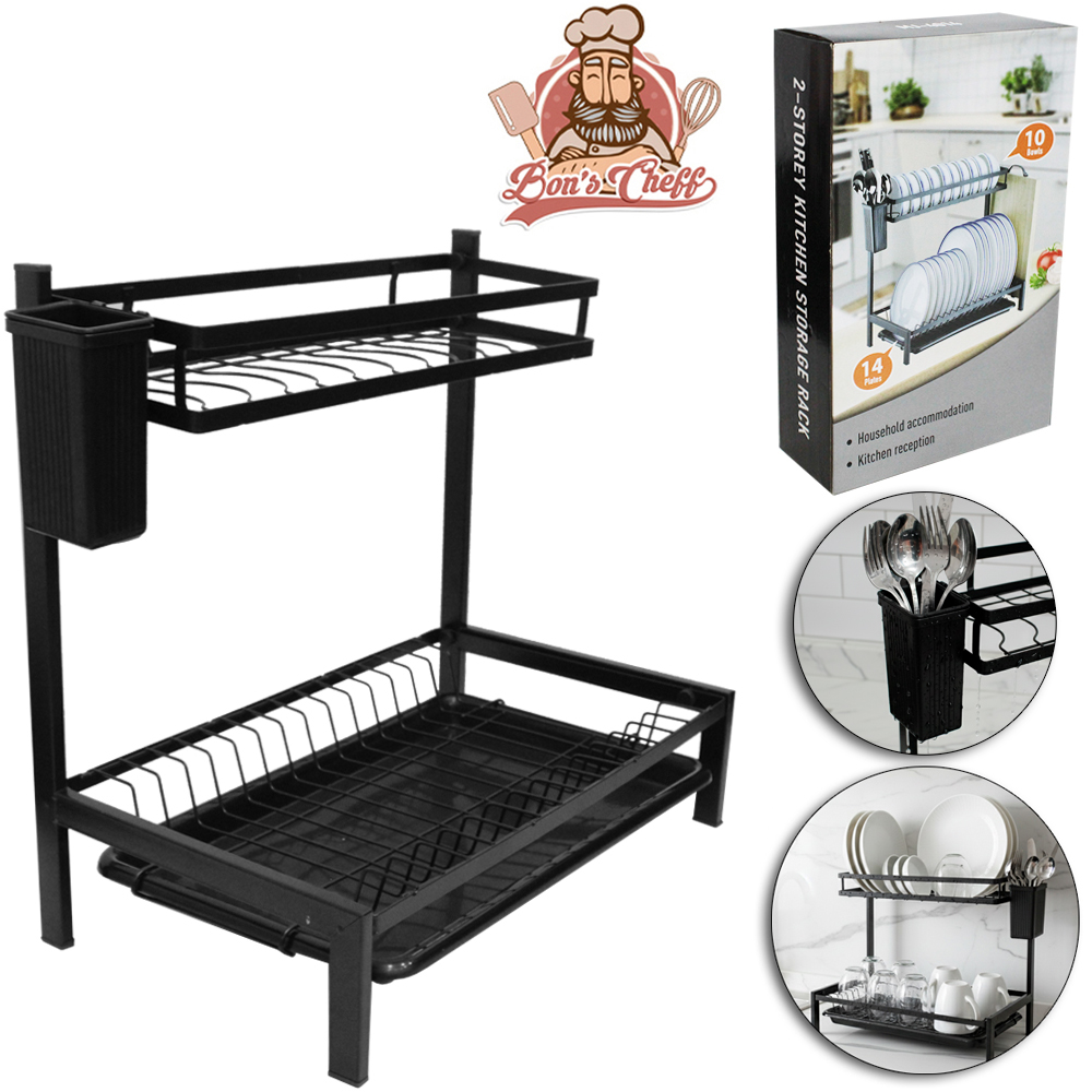 ESCORREDOR SECADOR DE PRATOS 2 ANDARES ARAMADO COM BANDEJA + PORTA TALHER BLACK 42X40,5X25CM BONS CHEFF