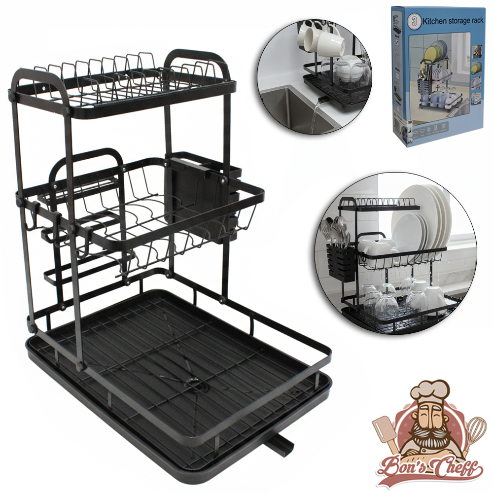 ESCORREDOR SECADOR DE PRATOS 3 ANDARES ARAMADO COM BANDEJA + PORTA TALHER E DRENO BLACK 47,5X40,5X28,5CM BONS CHEFF