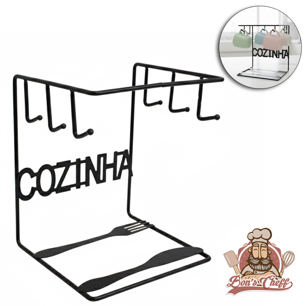 SUPORTE PRATELEIRA ORGANIZADOR ARAMADO BLACK COZINHA PARA 6 XICARAS / PIRES 18,5X15X14CM BONS CHEFF