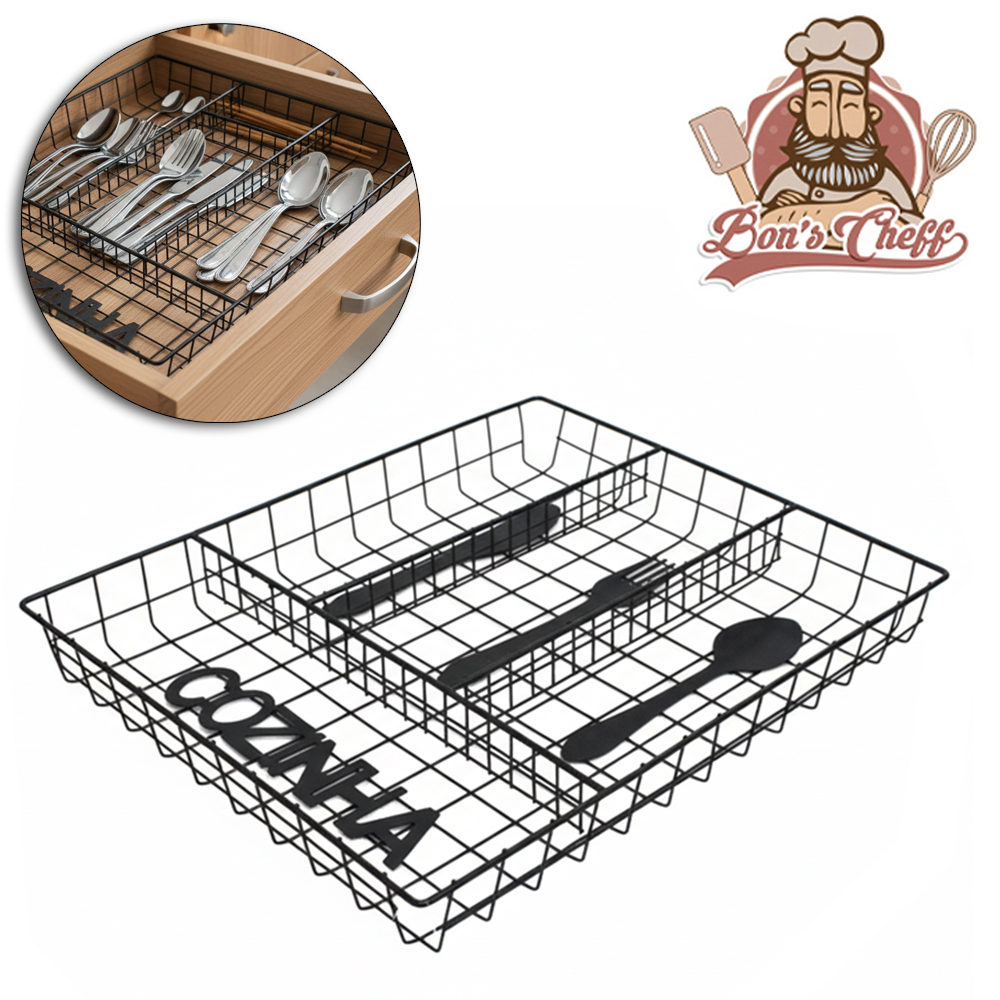 PORTA TALHER DE GAVETA ARAMADO TALHERES COZINHA COM 4 DIVISORIAS BLACK 33X26X4CM BONS CHEFF