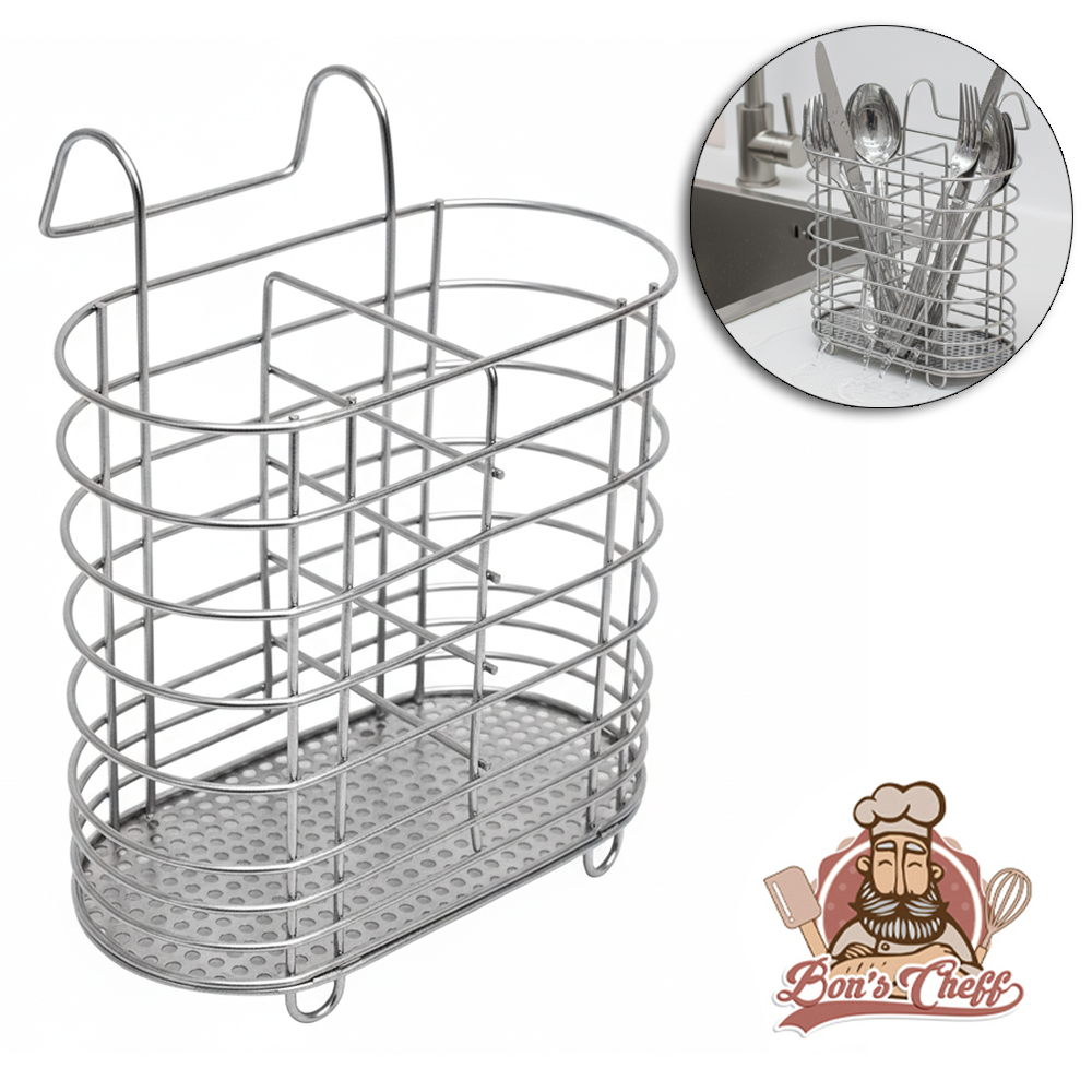 PORTA TALHER / ESCORREDOR DE TALHER ARAMADO OVAL COM 2 DIVISORIAS CROMADO 18X15X8CM BONS CHEFF