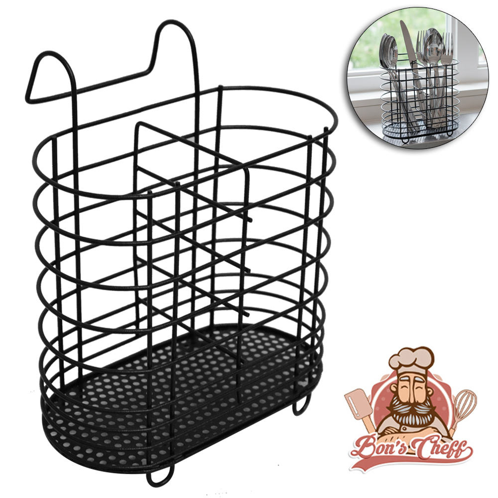 PORTA TALHER / ESCORREDOR DE TALHER ARAMADO OVAL COM 2 DIVISORIAS BLACK 18X15X8CM BONS CHEFF