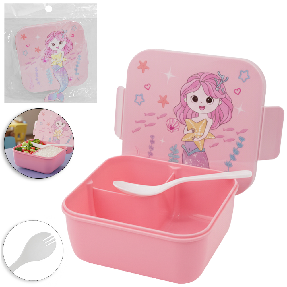 MARMITA DE PLASTICO SEREIA COM 2 DIVISORIAS + COLHER GARFO ROSA 16X14X6CM