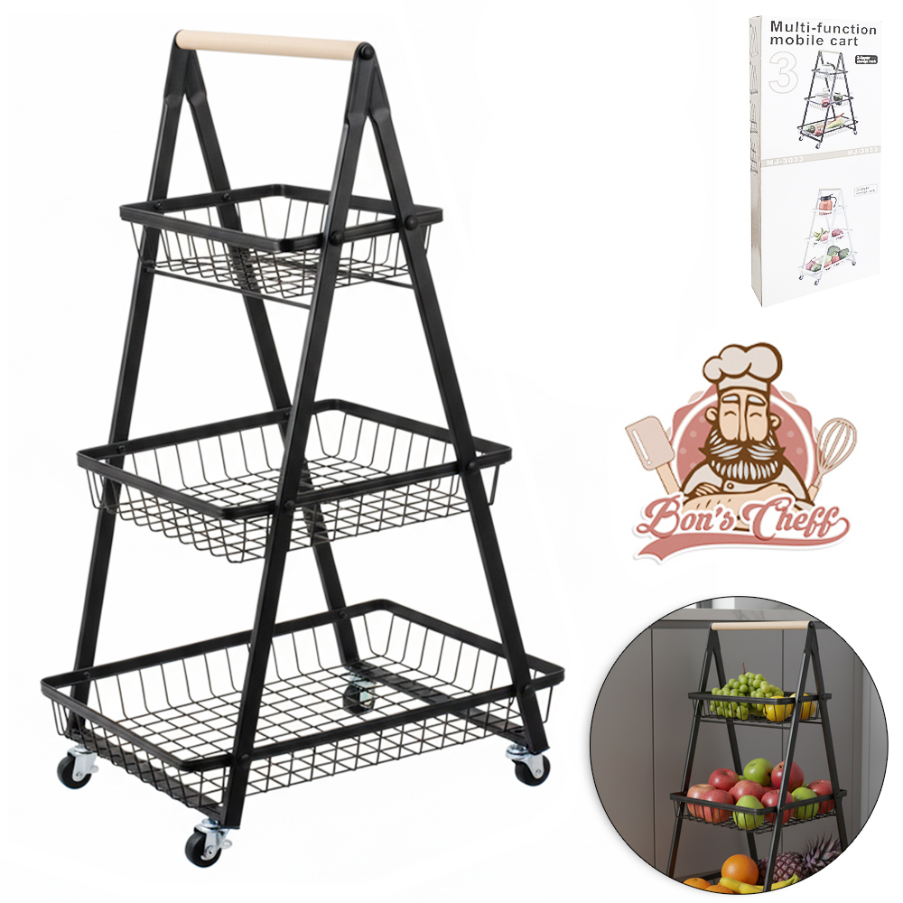 FRUTEIRA DE PISO ARAMADO COM ALCA DE MADEIRA 3 ANDARES COM RODIZIO BLACK 80X49X31CM BONS CHEFF