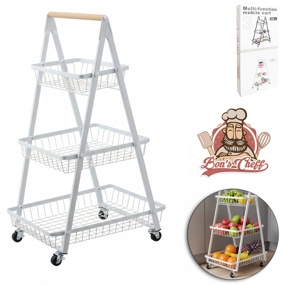 FRUTEIRA DE PISO ARAMADO COM ALCA DE MADEIRA 3 ANDARES COM RODIZIO BRANCO 80X49X31CM BONS CHEFF