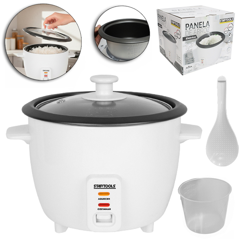 PANELA DE ARROZ ELETRICA 127V 400W 1,3L TAMPA VIDRO + COPO MEDIDOR + COLHER E GRADE PARA COZIMENTO VAPOR