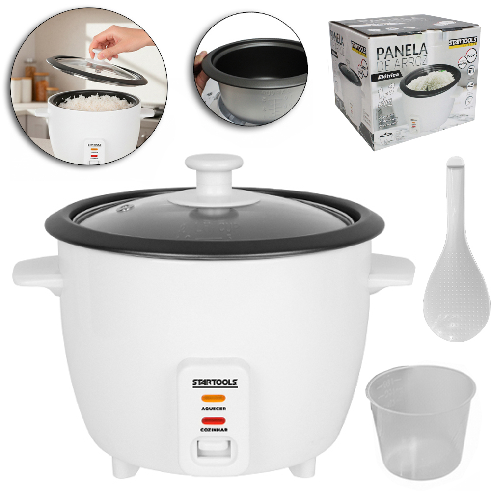 PANELA DE ARROZ ELETRICA 220V 400W 1,3L TAMPA VIDRO + COPO MEDIDOR + COLHER E GRADE PARA COZIMENTO VAPOR