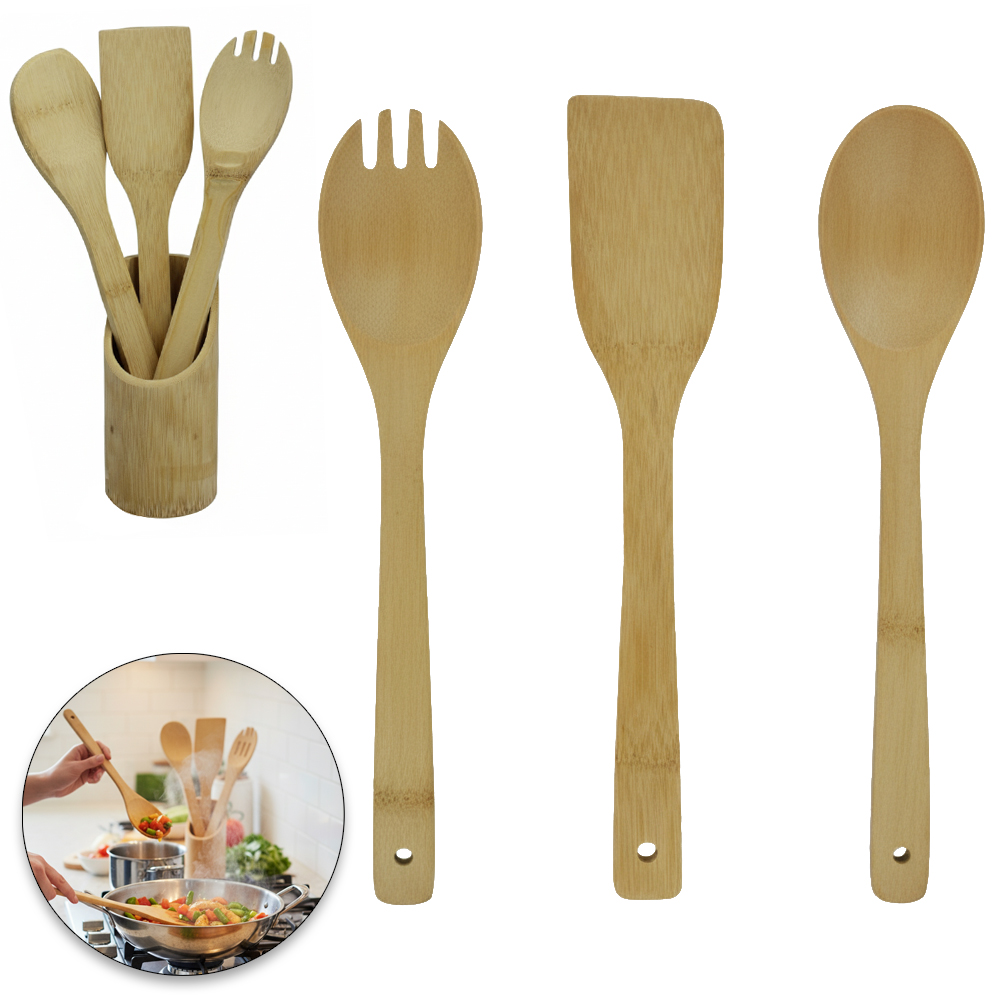 KIT COM 2 ESPATULA + GARFO E COLHER + SUPORTE DE BAMBU