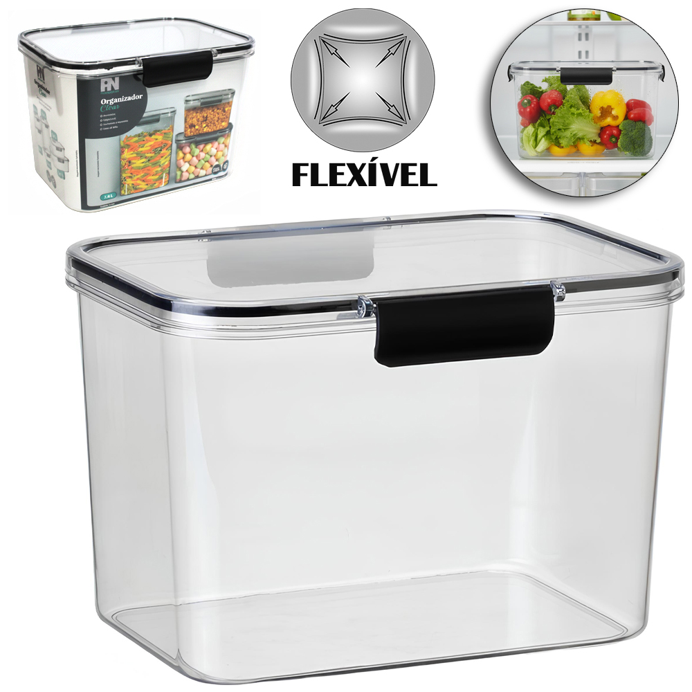 ORGANIZADOR DE PLASTICO PET FLEXIVEL RETANGULAR EMPILHAVEL COM TAMPA HERMETICA CLEAR 3,6L