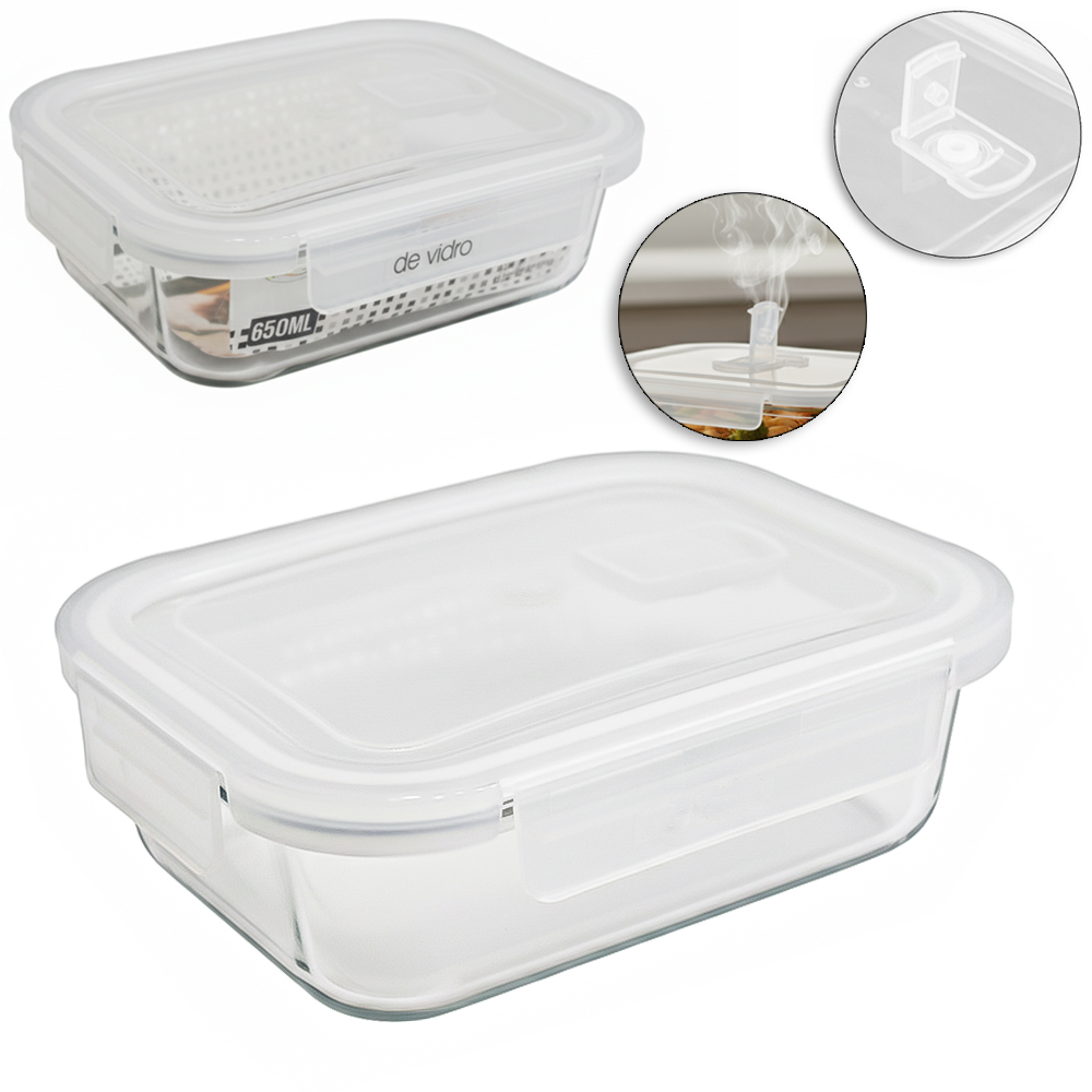 POTE DE VIDRO BOROSSILICATO RETANGULAR COM TAMPA HERMETICA E TRAVA 650ML