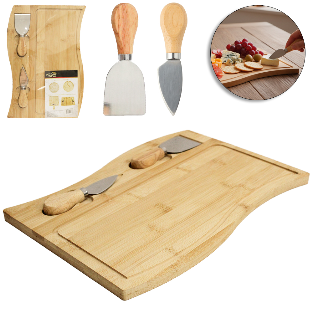 CONJUNTO PARA QUEIJO E FRIOS COM FACA + ESPATULA E TABUA RETANGULAR DE BAMBU TOP CASA 33X23,5X1,5CM