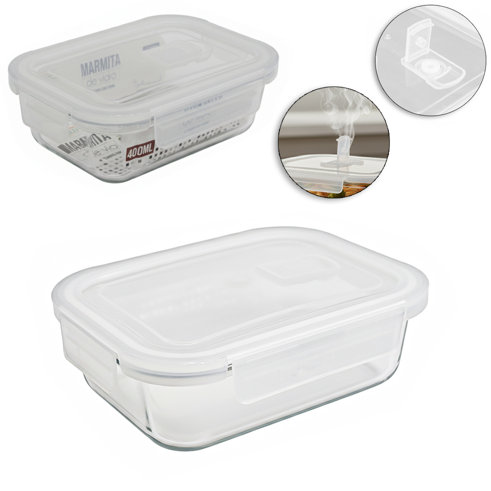 POTE DE VIDRO BOROSSILICATO RETANGULAR COM TAMPA HERMETICA E TRAVA 400ML