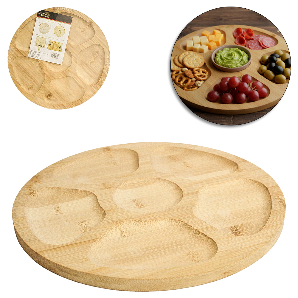 BANDEJA PETISQUEIRA DE BAMBU REDONDA COM 6 DIVISORIAS TOP CASA 29,5CM DE Ø