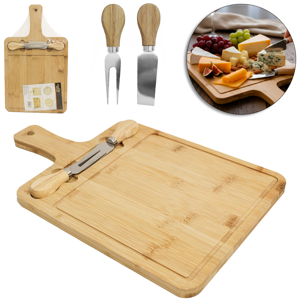 CONJUNTO PARA QUEIJO E FRIOS COM FACA + GARFO DE INOX E TABUA RETANGULAR DE BAMBU TOP CASA 3923X1,5CM