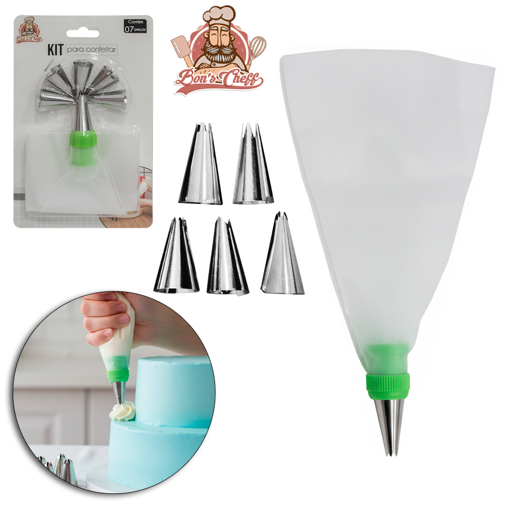 DECORADOR DE BOLO SACO DE PLASTICO PARA CONFEITAR COM 6 BICOS DE INOX BONS CHEFF