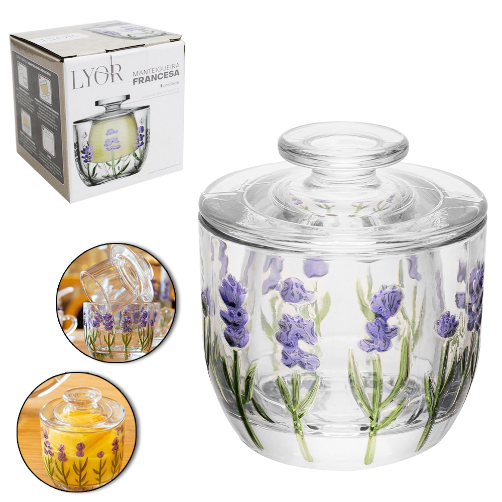 MANTEIGUEIRA FRANCESA DE VIDRO CRISTAL REDONDA LAVANDA HAND PAINTING COM TAMPA 9,8X9,4CM DE Ø 