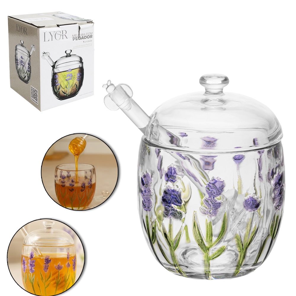PORTA MEL / MELEIRA DE VIDRO CRISTAL LAVANDA HAND PAINTING COM TAMPA + PEGADOR DE ACRILICO 210ML 11X8,5CM DE Ø 