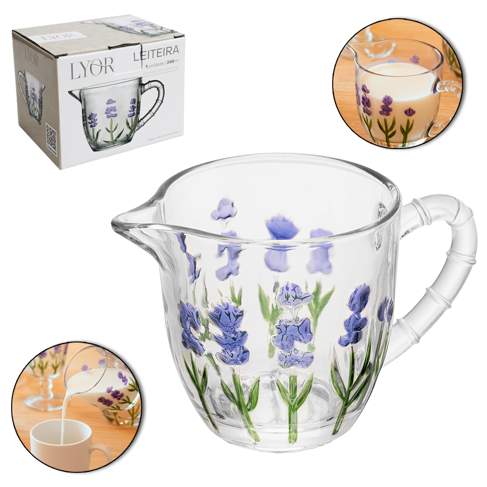 LEITEIRA DE VIDRO CRISTAL LAVANDA HAND PAINTING 240ML  
