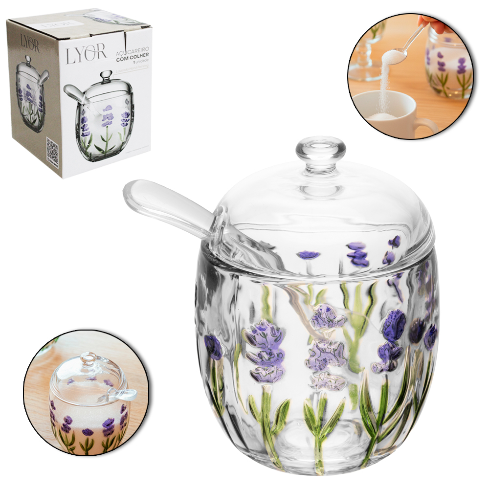 ACUCAREIRO / PORTA CONDIMENTO DE VIDRO CRISTAL COM TAMPA + COLHER DE ACRILICO LAVANDA HAND PAINTING 210ML 