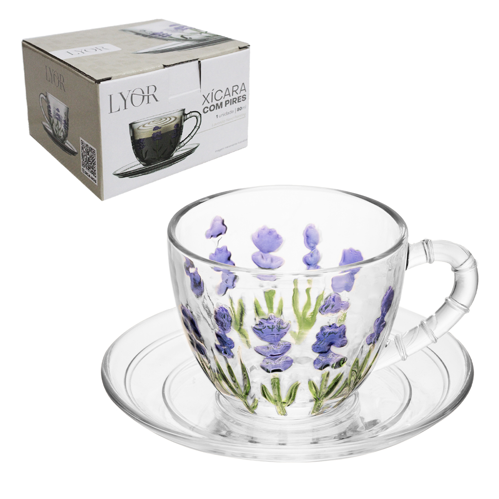 XICARA DE VIDRO CRISTAL COM PIRES PARA CAFE LAVANDA HAND PAINTING 80ML
