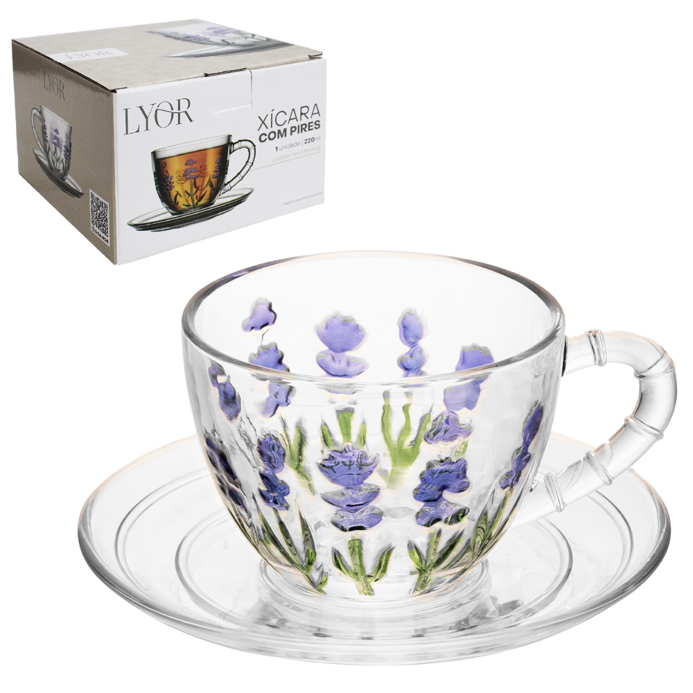 XICARA DE VIDRO CRISTAL COM PIRES PARA CHA LAVANDA HAND PAINTING 220ML 