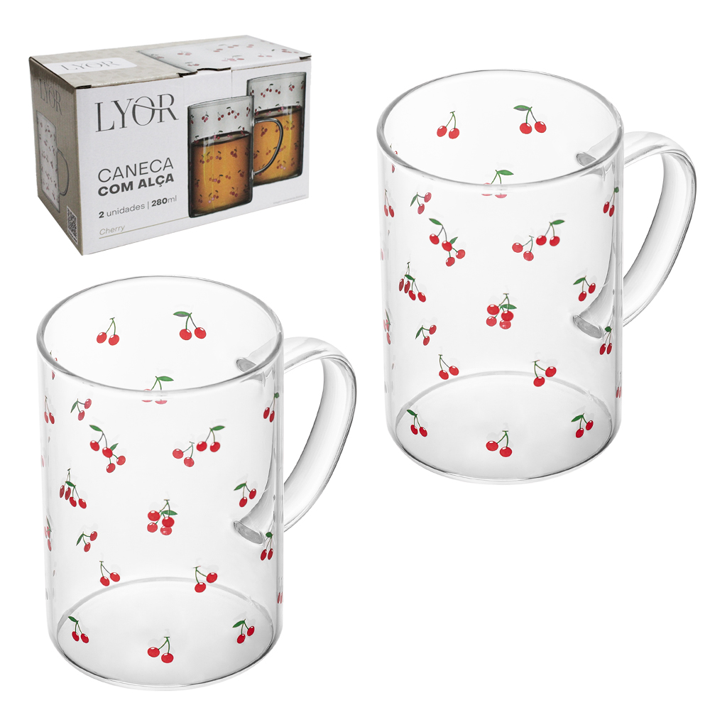 JOGO DE CANECA XICARA DE VIDRO BOROSSILICATO COM 2 PECAS 280ML PARA CAFE CAPPUCCINO CHERRY CEREJA 