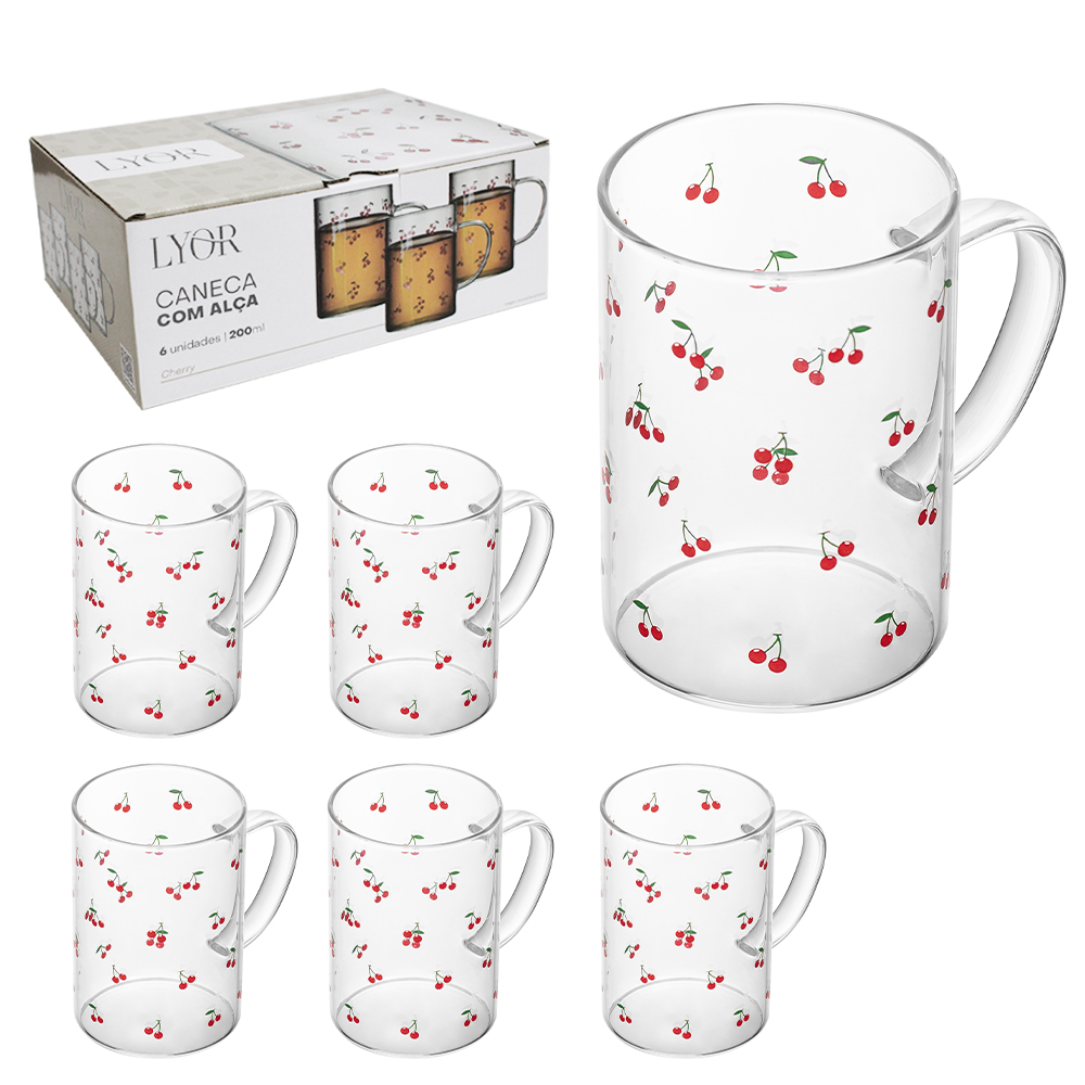 JOGO DE CANECA XICARA DE VIDRO BOROSSILICATO COM 6 PECAS 200ML PARA CAFE / CAPPUCCINO CHERRY CEREJA 