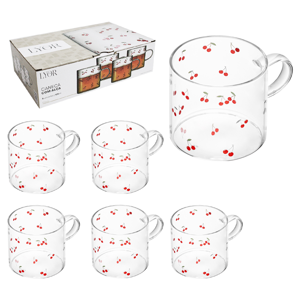 JOGO DE CANECA XICARA DE VIDRO BOROSSILICATO COM 6 PECAS 125ML PARA CAFE / CAPPUCCINO CHERRY CEREJA 