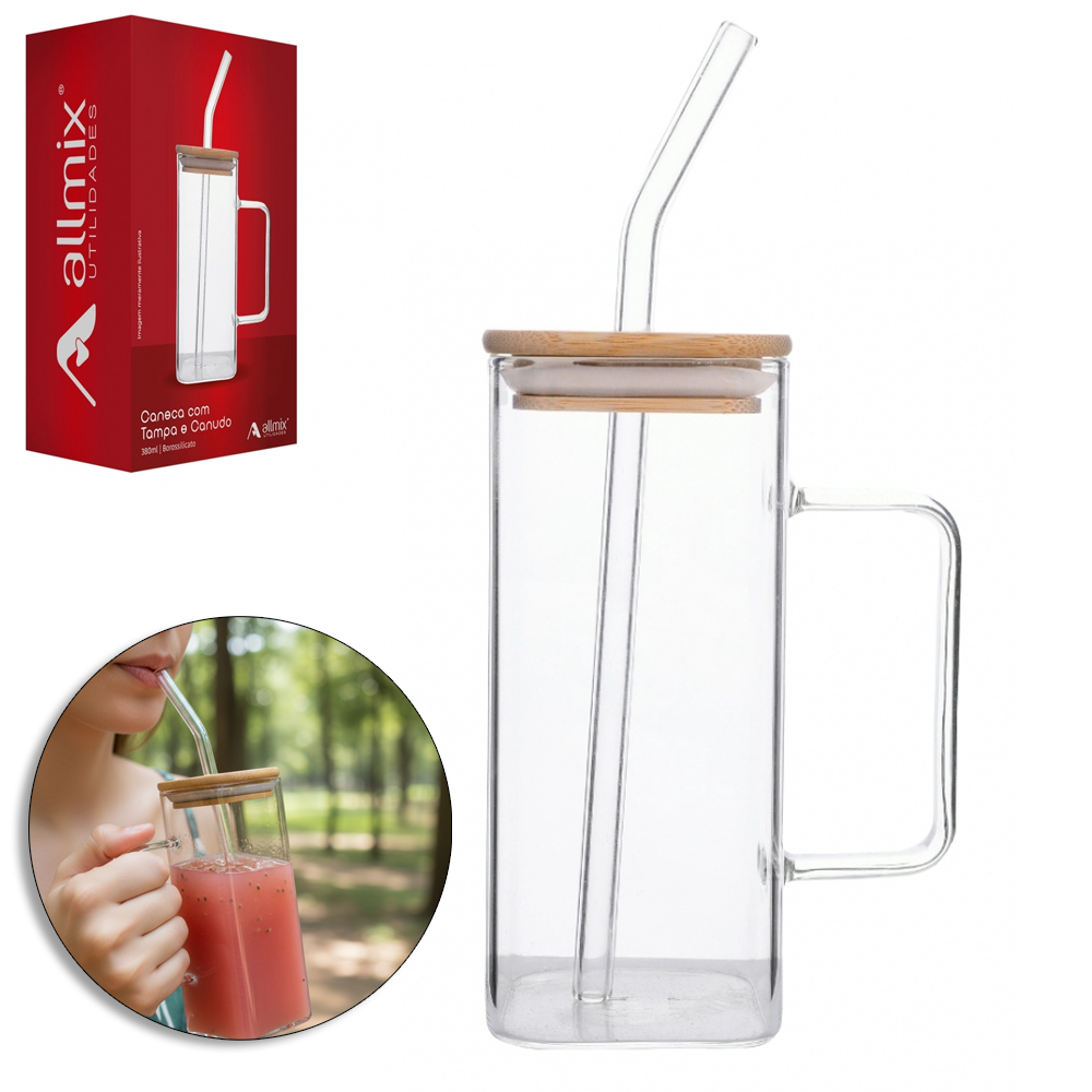 CANECA DE VIDRO QUADRADA COM CANUDO + TAMPA HERMETICA DE MADEIRA / BAMBU 380ML