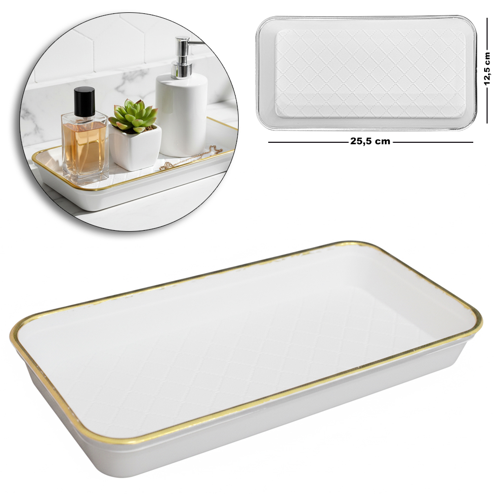 BANDEJA PETISQUEIRA DE PLASTICO RETANGULAR COM BORDA DOURADA / PRATA 25,5X12,5X3CM